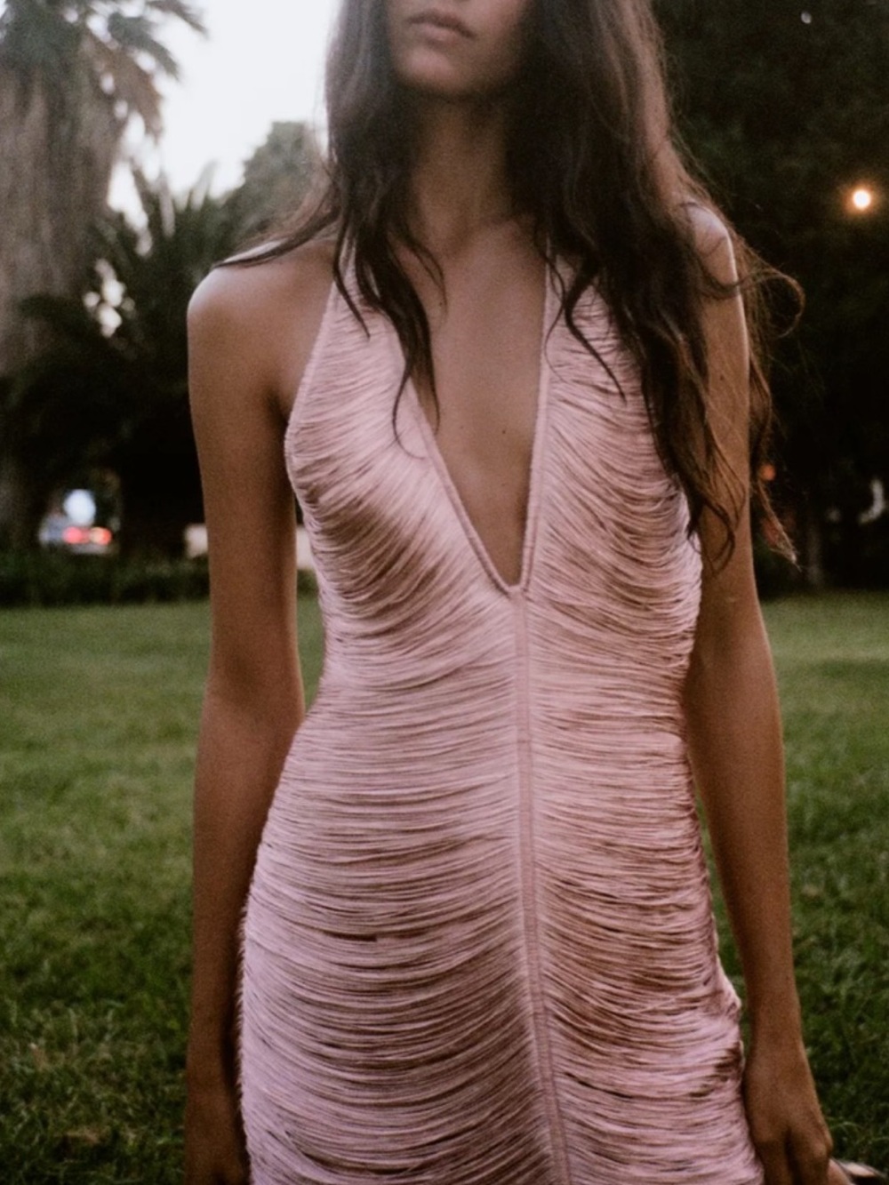 Blush Pink Plunge Fringe Dress